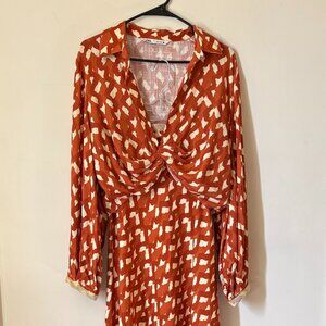 Zara Linen Blend Beaded Maxi Skirt & Twist-Front Top Terracotta Size M